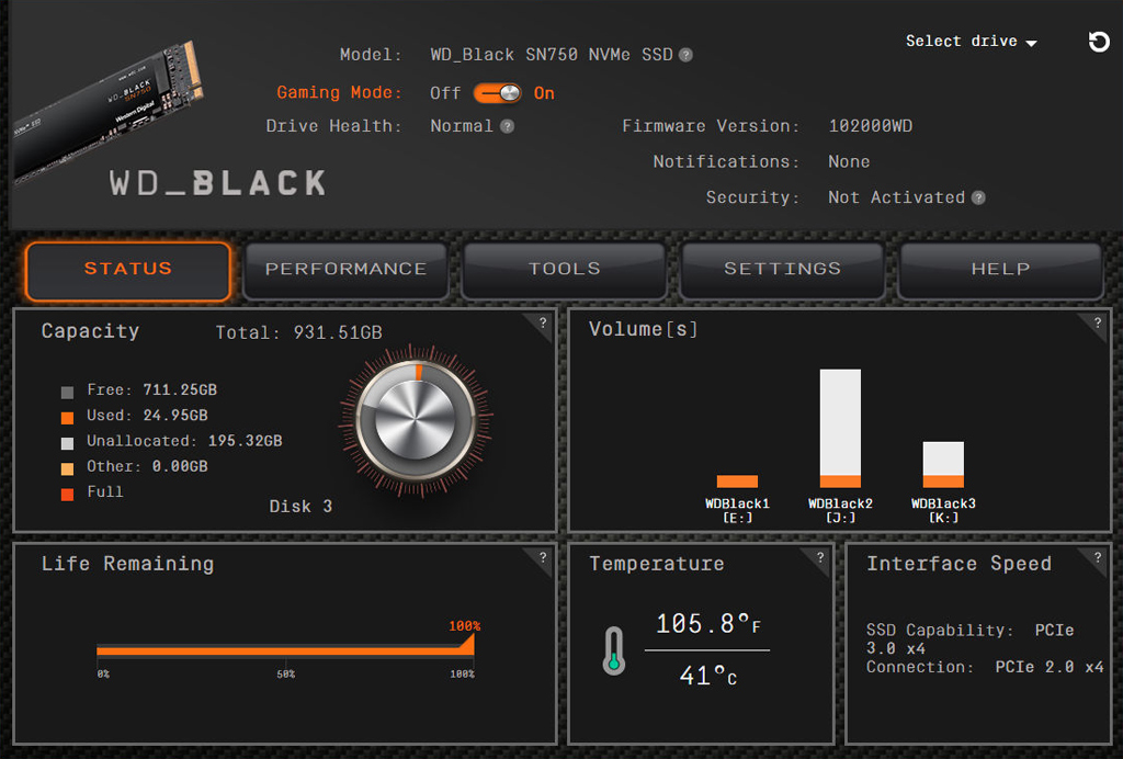 Das Western Digital Dashboard zur Wartung von SSDs (Bild: Western Digital).