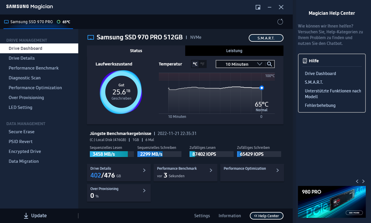 Samsung Magician 7 zur Diagnose und Verwaltung von SSDs.