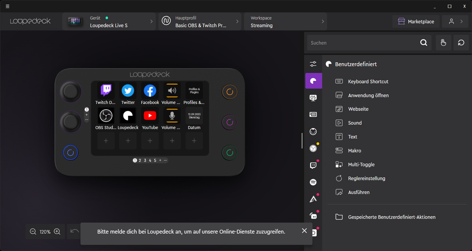 Startansicht der Loupedeck Software.