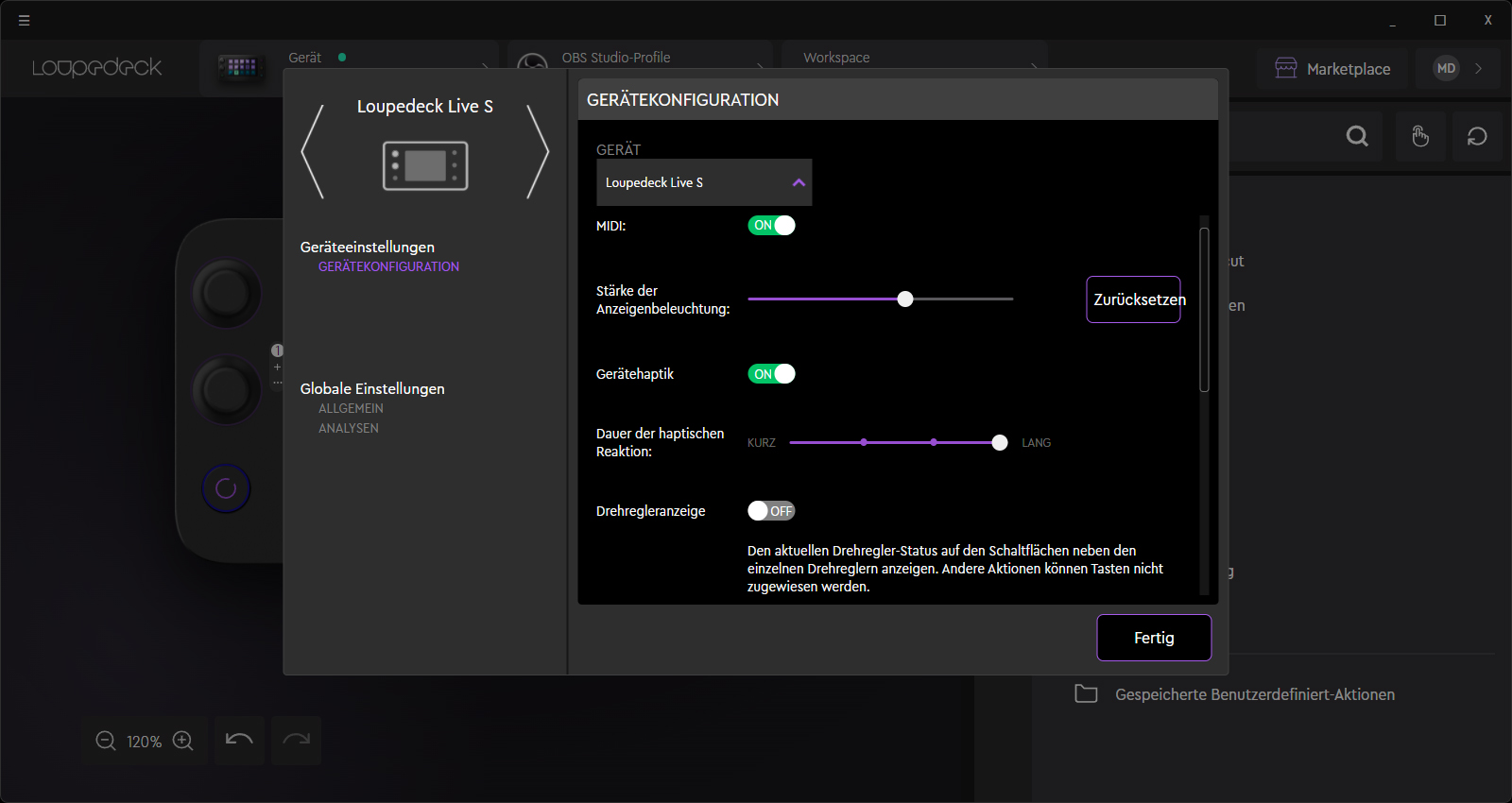 Geräteeinstellungen des Loupedeck Live S.