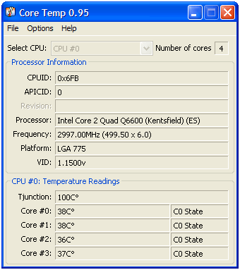 Temperaturmessungen mit Core Temp beim Core 2 Extreme QX6850 (aktiviertes C1E und EIST).