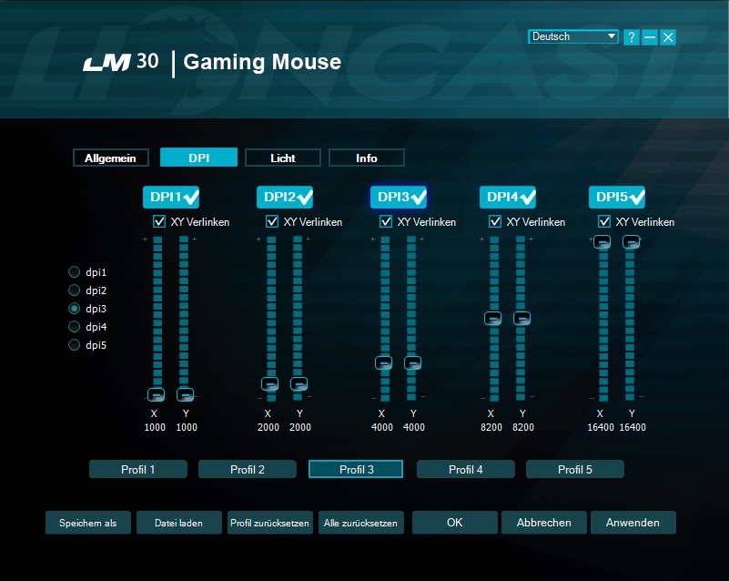 Die Abtastung kann von 50 bis 16.400 CPI eingestellt werden, die Beleuchtung ist lediglich für das Mausrad je nach Profil fix und kann sonst nach Belieben angepasst werden. 