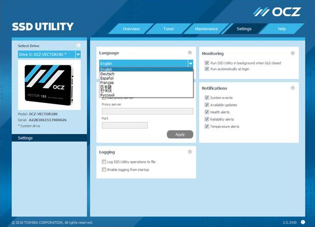 OCZ SSD Utility am Beispiel einer Vector 180 (Bildquelle: OCZ).