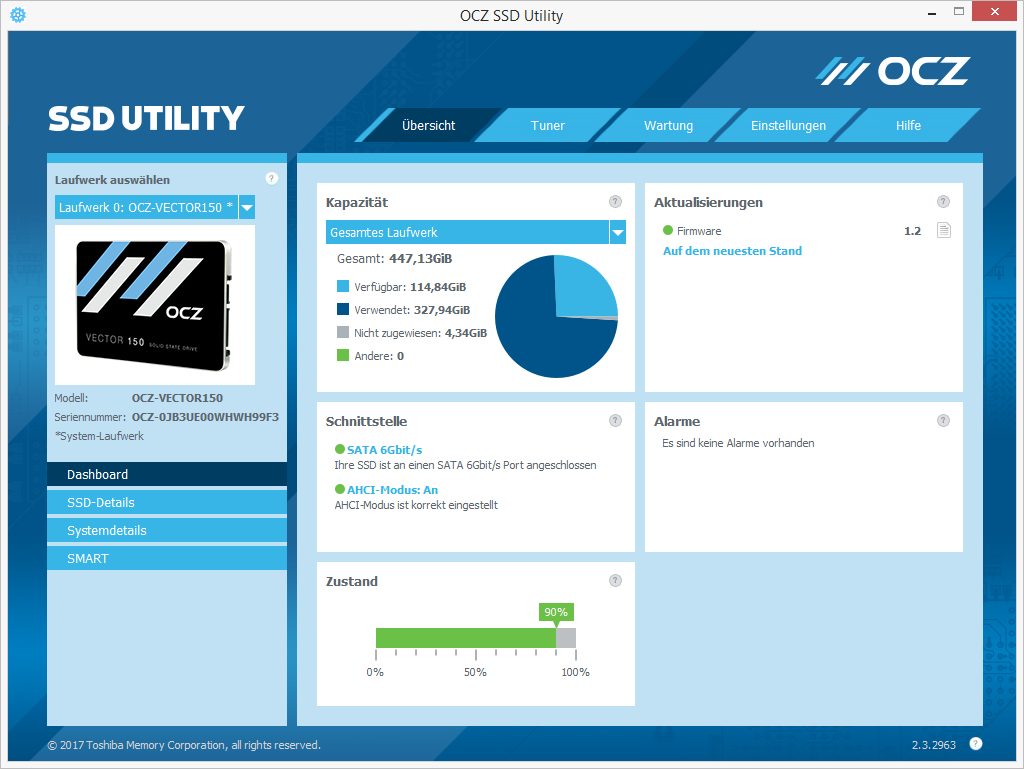 Das SSD Utility im Einsatz (hier mit einer OCZ Vector 150).