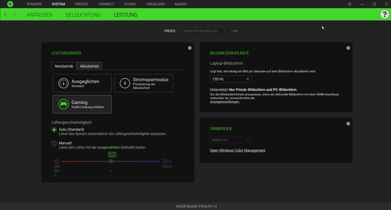 Razer Software ‒ Wahl des Arbeitsprofils.