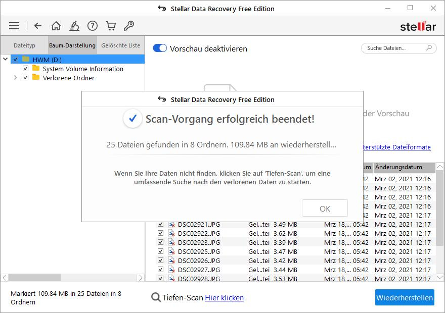 Scan nach verlorenen Dateien durchgeführt und abgeschlossen